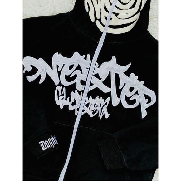 Y2K Black SZ S Irregular Pattern Gothic Punk Full Zip-Up Hoodie Jacket - Picture 2 of 15